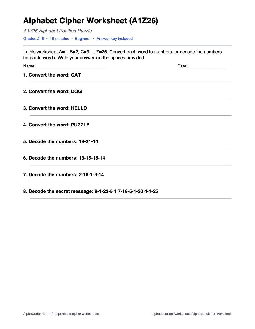 Alphabet Cipher Worksheet (A1Z26) printable worksheet preview