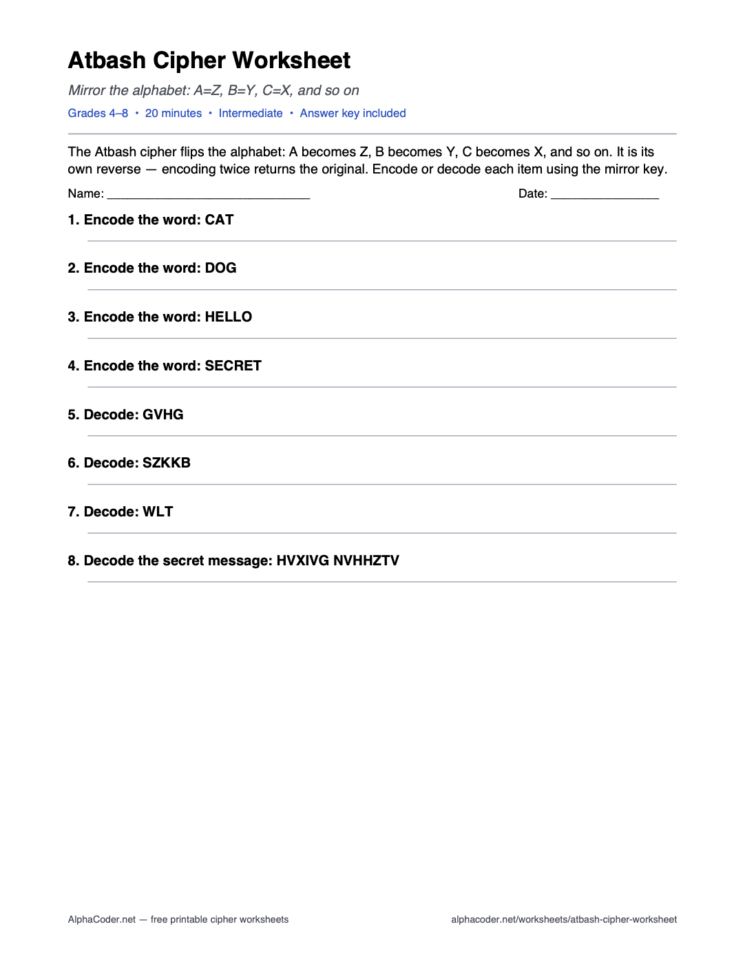 Atbash Cipher Worksheet printable worksheet preview