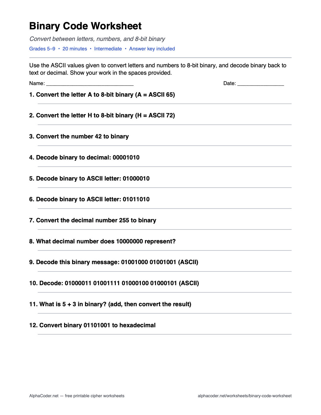 Binary Code Worksheet printable worksheet preview