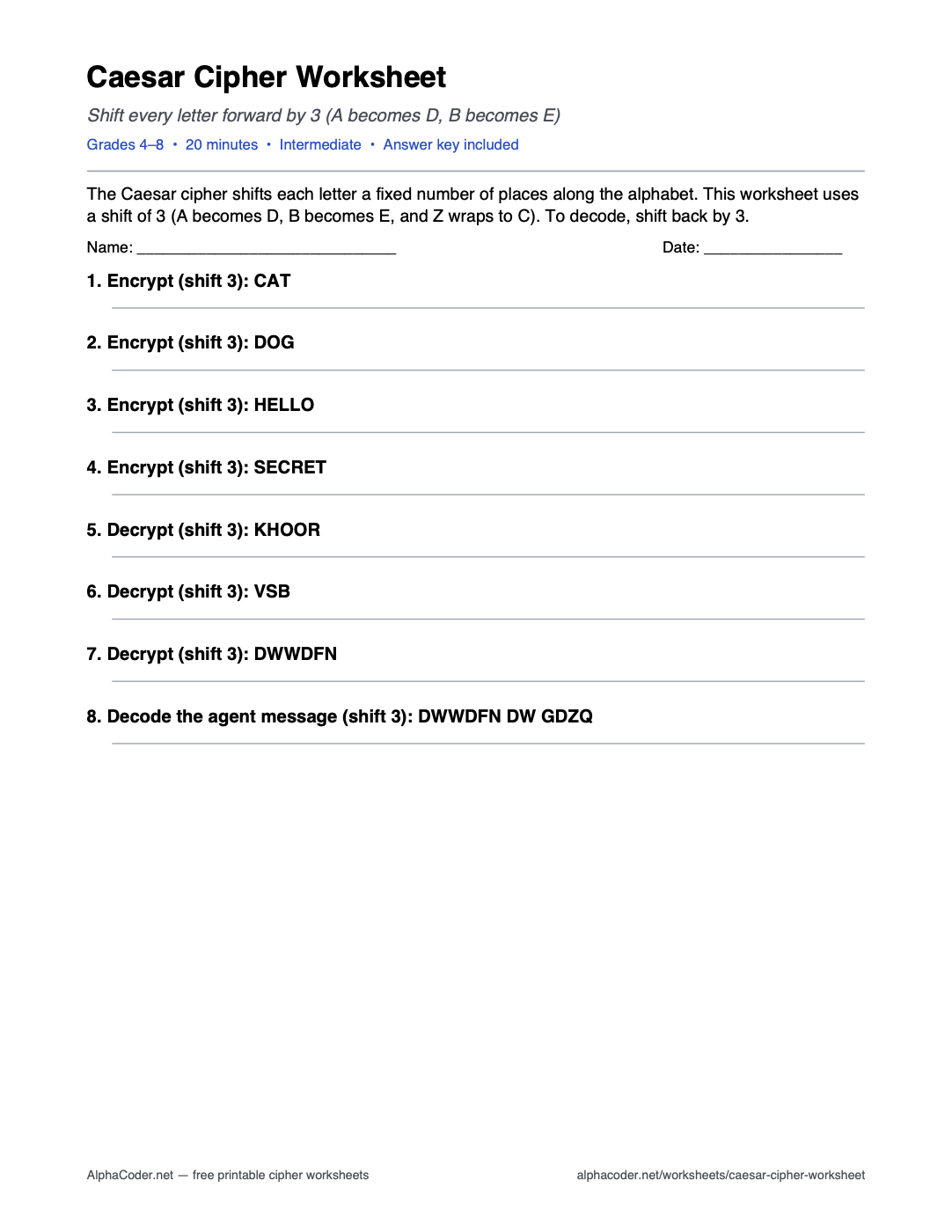 Caesar Cipher Worksheet printable worksheet preview
