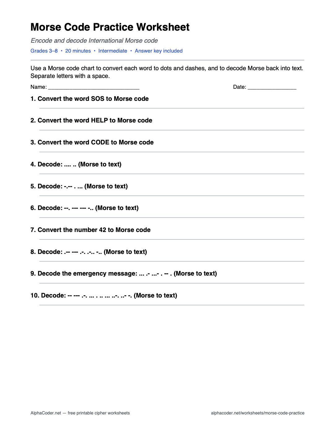 Morse Code Practice Worksheet printable worksheet preview