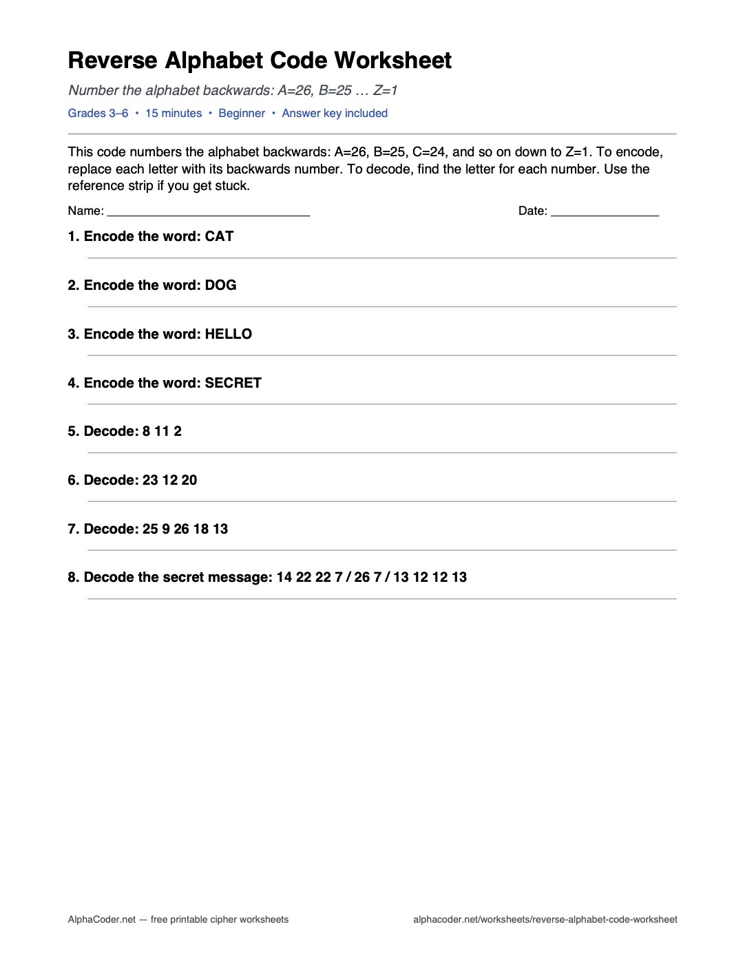 Reverse Alphabet Code Worksheet printable worksheet preview