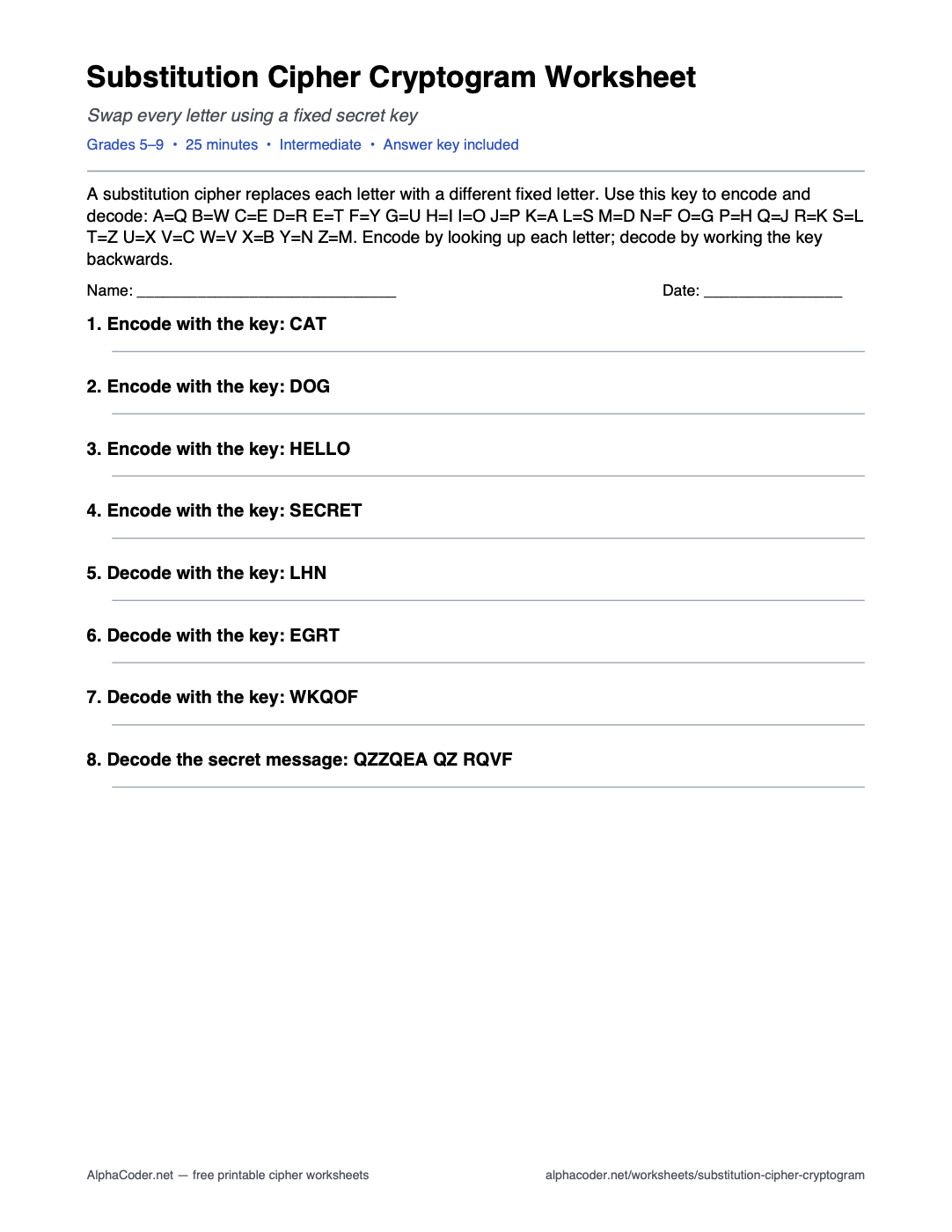 Substitution Cipher Cryptogram Worksheet printable worksheet preview